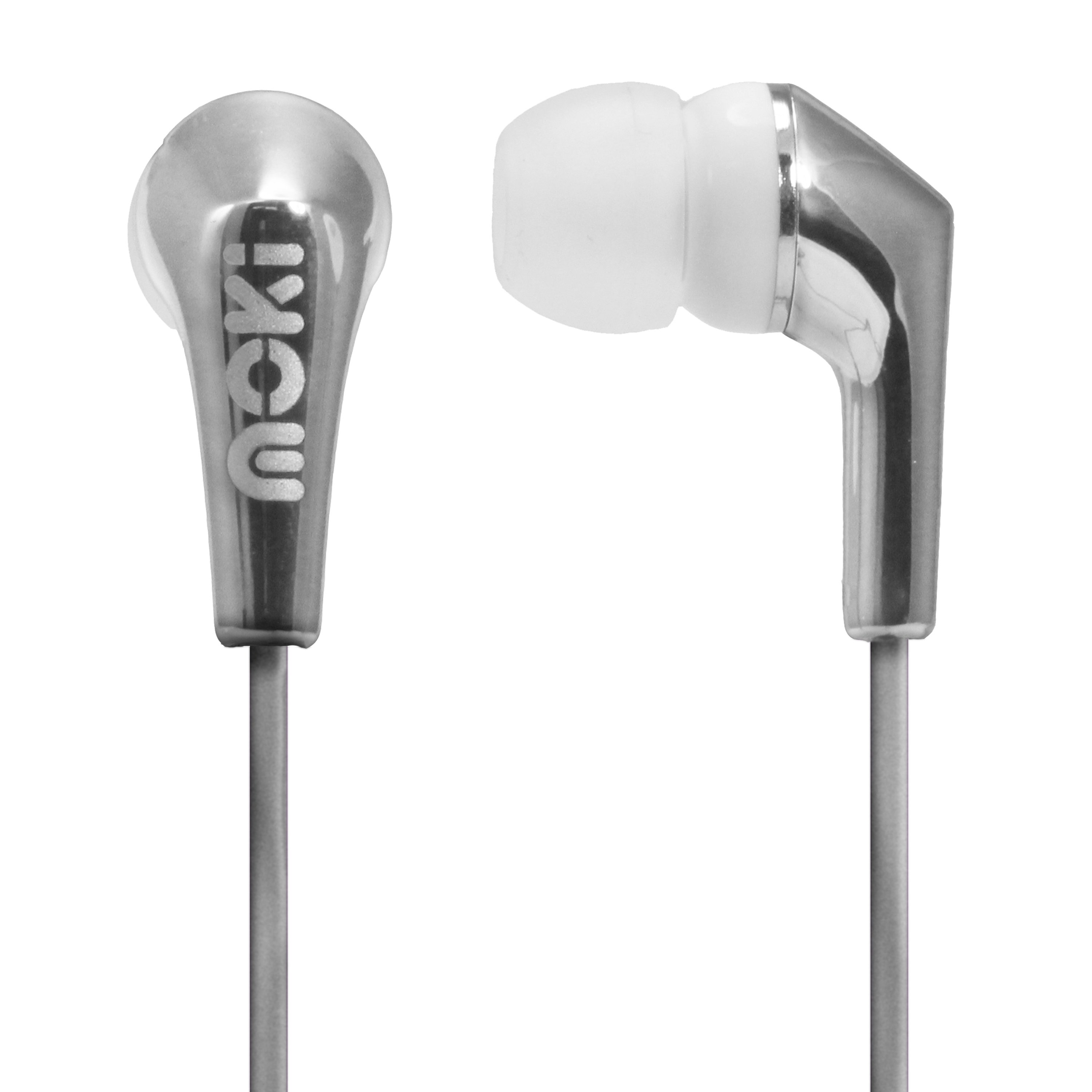 MOKI Metallics Earphone in Silver with silicone buds, showcasing its sleek design and vibrant metallic finish.